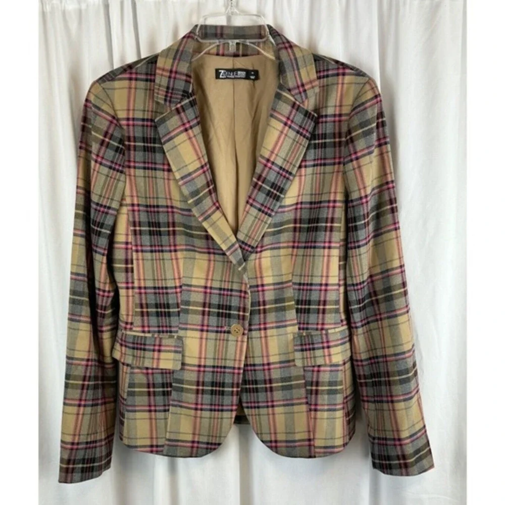 7th Ave Design Studio New York & Co Plaid Blazer Pink Tan Grey 10 Preppy 65-16 - Picture 2 of 14